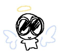 a doodle drawing of a little guy with big eyes, a halo, and angel wings