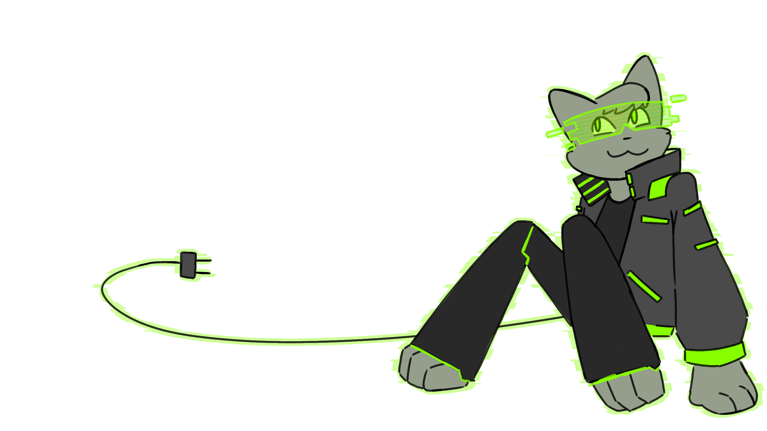 a drawing of a grey cat with futuristic mechanical parts and digital goggles